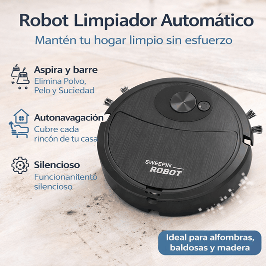 Aspiradora robot inteligente Sweepin Rob limpiando pisos de madera y alfombra